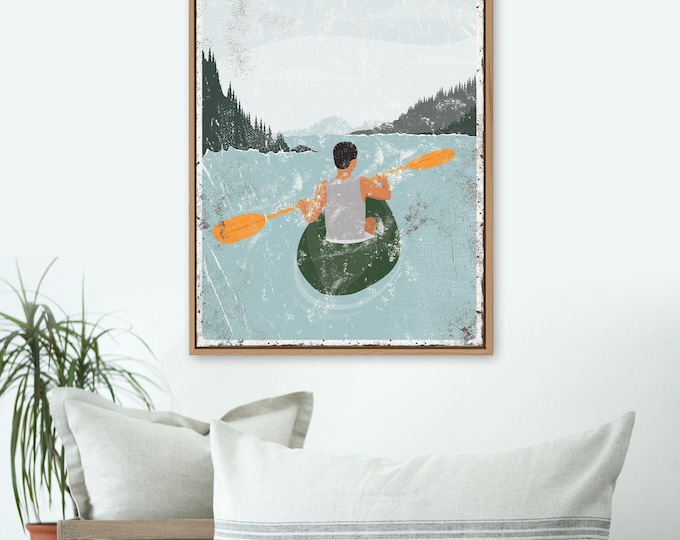 Navy Lake Kayak Scene Sign With Your Own Lake Name In Dark Green, Orange