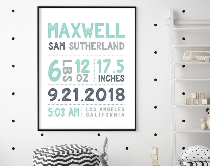 Custom Baby Birth Stats Sign: Mint and Gray Nursery Art