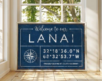 Personalized Lanai Sign: Family Name, Coordinates, Navy Blue Canvas