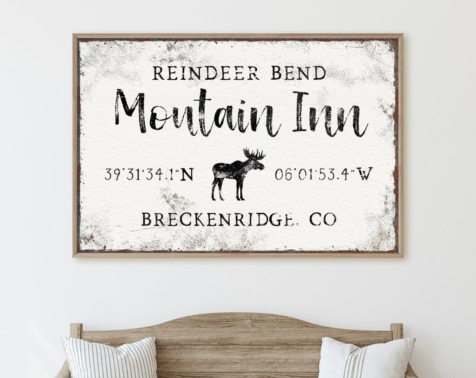 custom MOUNTAIN INN sign > vintage moose or reindeer art print with latitude & longitude, travel canvas print, GPS farmhouse decor {vow}