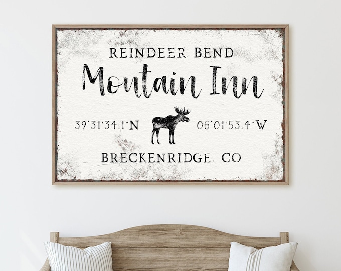 custom MOUNTAIN INN sign > vintage moose or reindeer art print with latitude & longitude, travel canvas print, GPS farmhouse decor {vow}