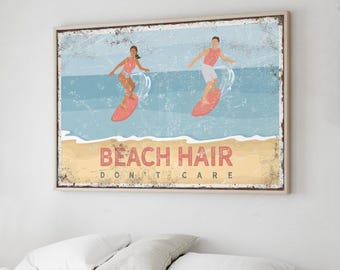 Coral Beach Hair, Don't Care Sign, Pink Coastal Canvas Print, Wake Surf Art, Couple Surfing Scene, Rustic Beach Decor, Unique Gift {vpb}