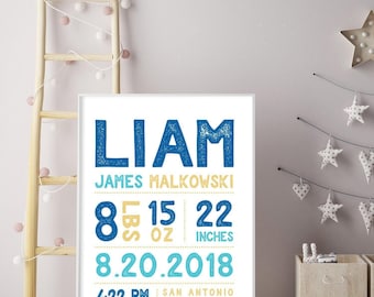 Custom Baby Birth Stats Sign: Blue and Yellow Nursery Art