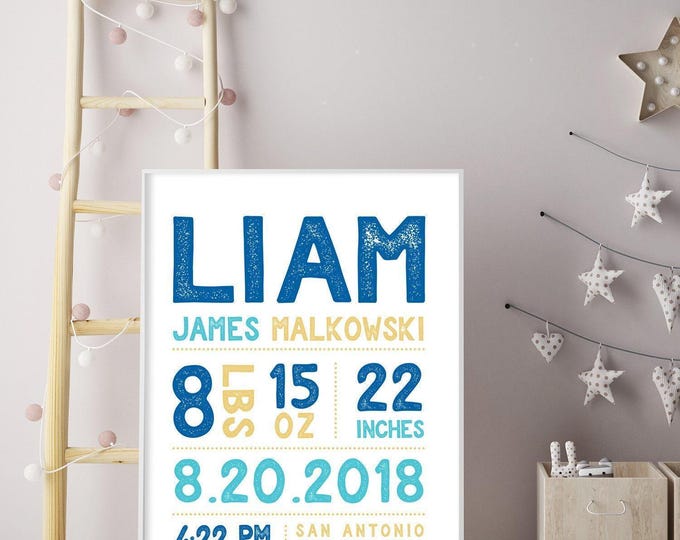 Custom Baby Birth Stats Sign: Blue and Yellow Nursery Art