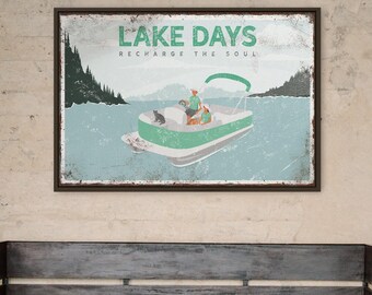 LAKE DAYS Pontoon Boat Sign in Mint, Couple on Pontoon Boat with Gray Cat, Large Poster for Lake House Decor, Lake Gift for Couple {VPL}