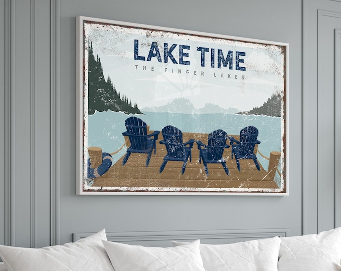 Vintage LAKE TIME Sign, Four Navy Blue Adirondack Chairs, Custom Lake House Decor, Retro Lake Wall Art, The Finger Lakes airbnb Decor {VPL}