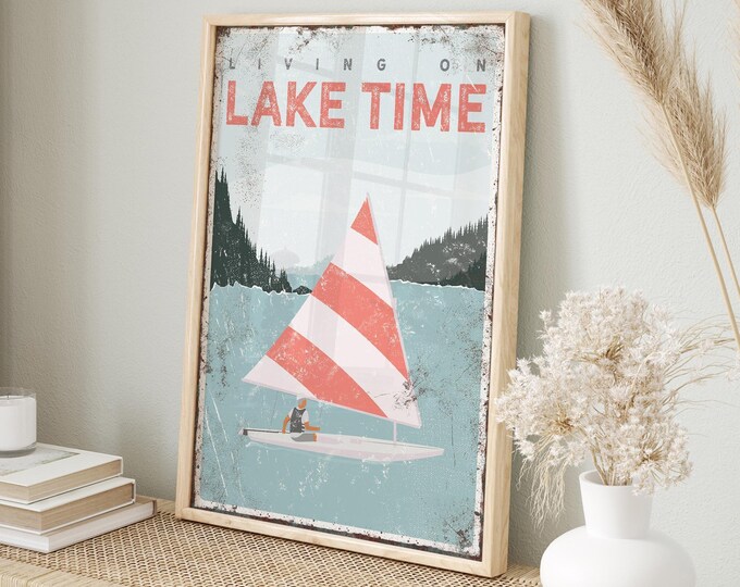 Coral Lake Sailboat Print, White Striped Sail On The Lake, Living On Lake Time Quote