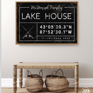 personalized lake house sign, rustic last name canvas for lakehouse, custom GPS location coordinates, black boho farmhouse wall art GDB image 7