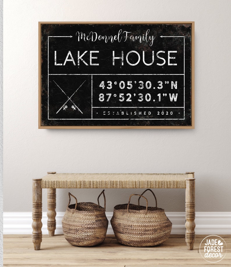personalized lake house sign, rustic last name canvas for lakehouse, custom GPS location coordinates, black boho farmhouse wall art GDB image 7