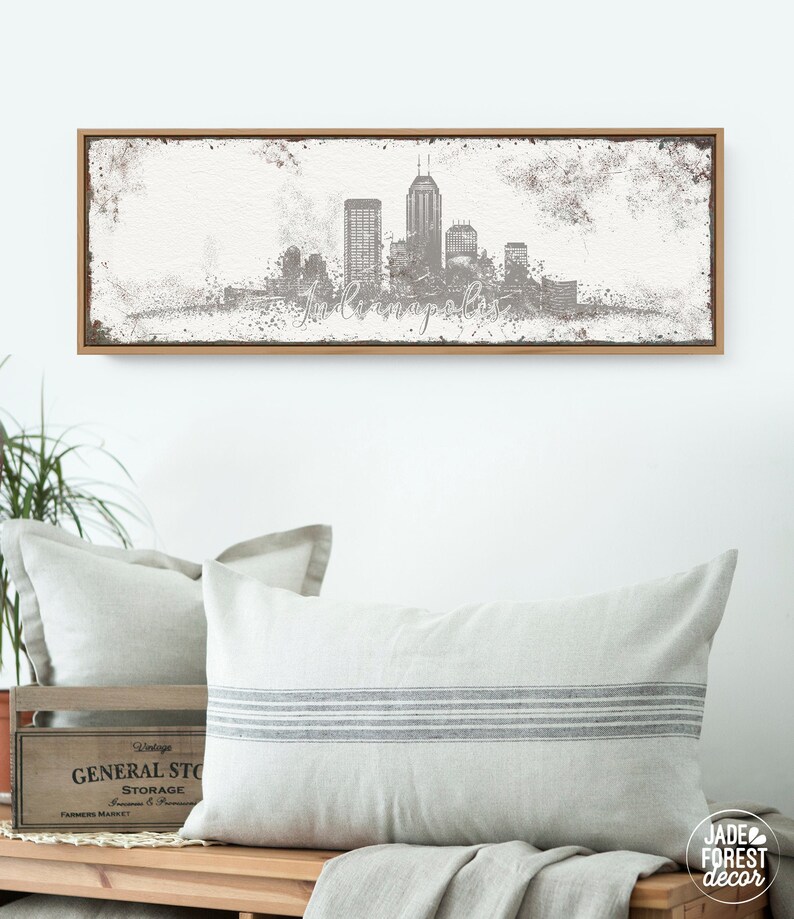 INDIANAPOLIS SKYLINE sign taupe gray skyline art print for modern farmhouse decor custom framed canvas extra large wall art