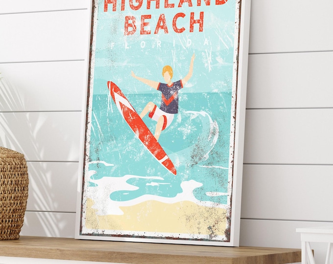 vintage surf art for beach house decor > personalized surfing artwork for nautical beachhouse, Highland Beach sign, Florida art print {vpb}
