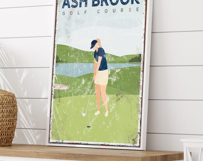 Custom Golf Wall Art: Vintage Style Canvas - Navy, Female Golfer