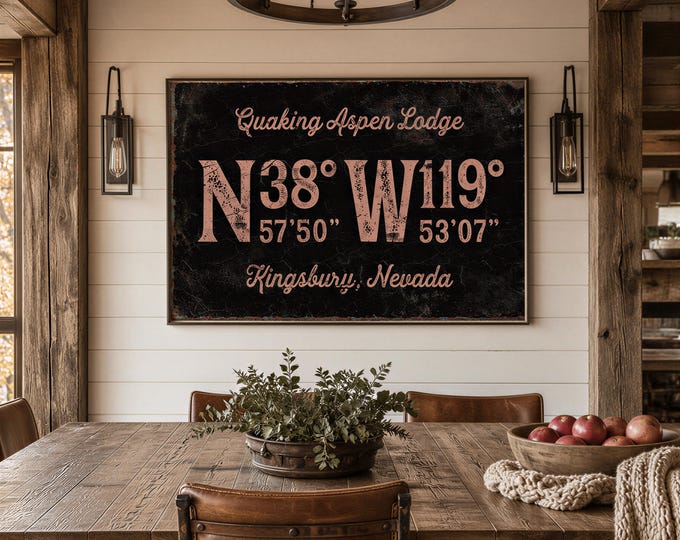 Lodge Sign, Personalized Family Coordinates, Custom Mountain Cabin Coral Wall Art