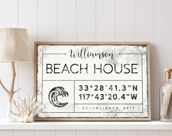 Personalized Beach House Sign: Family Name, Coordinates, Ocean Art