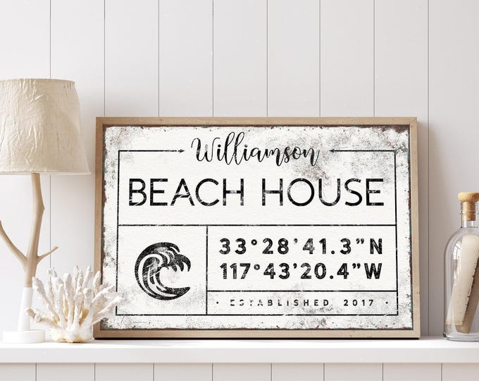 Personalized Beach House Sign: Family Name, Coordinates, Ocean Art