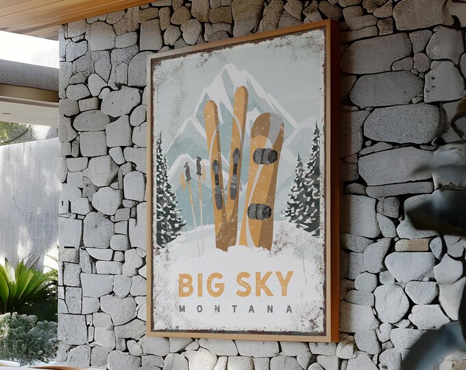 Ski and Snowboard Wall Art, Gift for Skier and Snowboarder, Custom Winter Home Decor, Framed Ski Lodge Print, Big Sky Montana Canvas, VPW