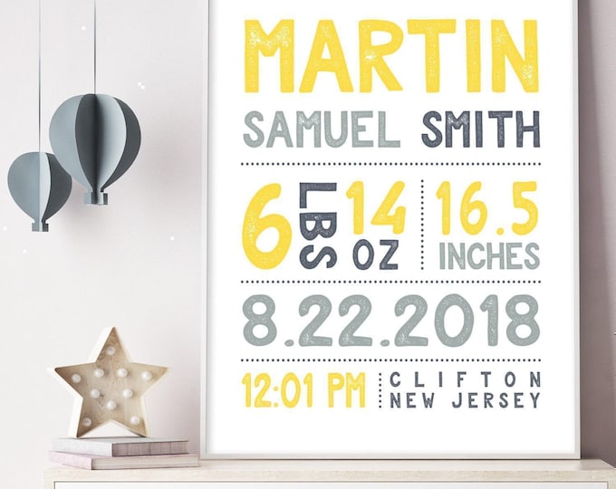 Gender Neutral Birth Stats Sign, Yellow Gray (Canvas or Printable)