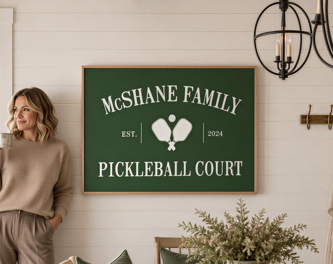 Custom Family Name Pickleball Sign: Rustic Green, Maple Frame