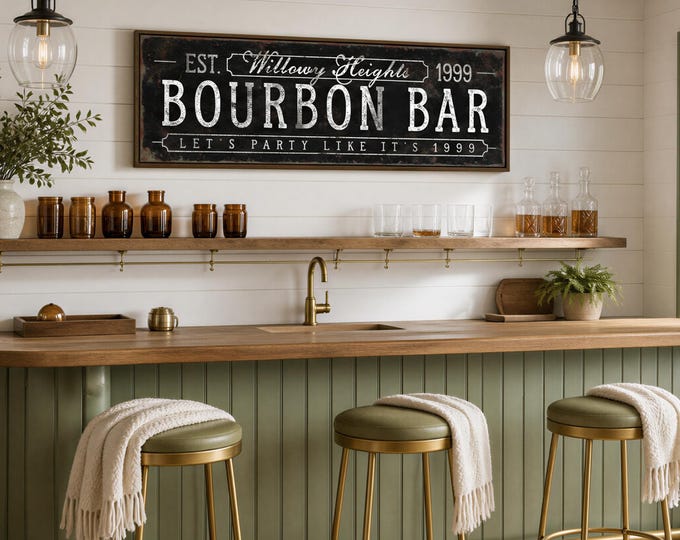 Willowy Heights Bar Sign, Custom Family Bourbon Bar, Personalized Est Year Wall Art