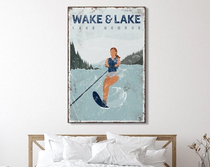 vintage WAKE & LAKE sign > personalized water skiing poster for lake house decor, slalom water ski gift for her, navy vintage lake art {vpl}