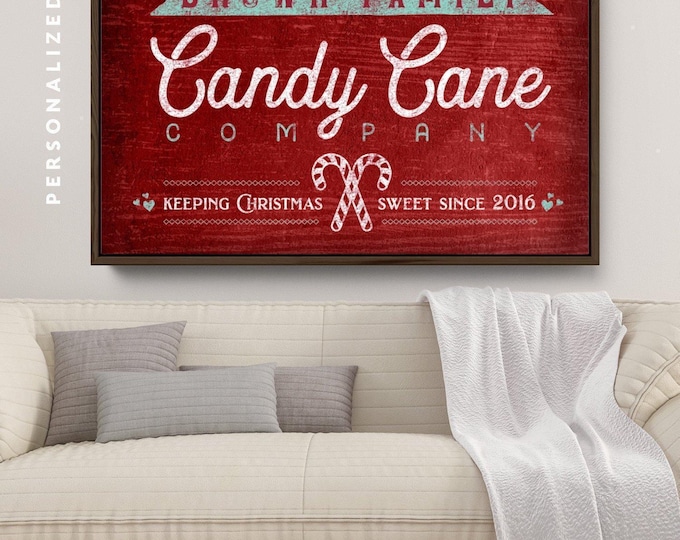 Last Name Sign, Personalized Family Candy Cane Company in Deep Red and Teal, Christmas Wall Art