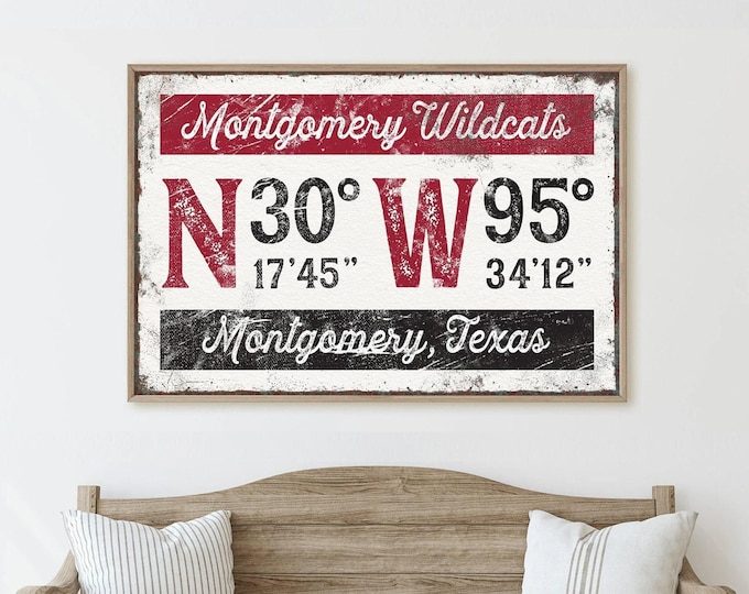 Texas Home Decor Coordinates Sign, Add Your Town Name in Maroon and Cream