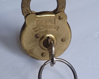 vintage segal six level metal brass padlock with keys double bit skeleton key