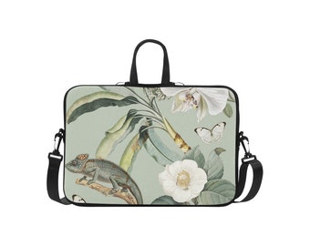 Castlefield Camaleo Tropical Jungle Chameleon Butterflies Orchid Floral 17" 15" 13" 11" Laptop Bag Computer Bag Laptop Sleeve Green