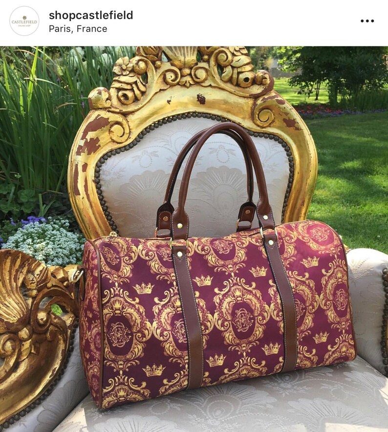 Castlefield Regal Crown Crest Pattern Red and Gold Travel Bag Duffel Overnight Gym Bag Pretty Feminine Luggage image 3