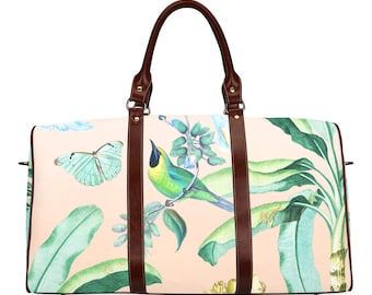 Castlefield Pink or Green Tropical Jungle Birds Butterflies Bananas Floral Travel Bag Duffel Overnight Gym Bag Pretty Feminine Luggage