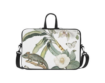 Castlefield Camaleo Tropical Jungle Chameleon Butterflies Orchid Floral 17" 15" 13" 11" Laptop Bag Computer Bag Laptop Sleeve White