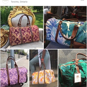 May include: Four different travel bags with various patterns. The bags are made of canvas and have brown leather accents. The patterns include a gold and burgundy damask, a tropical leaf design, a floral pattern, and a green and black tropical leaf design.