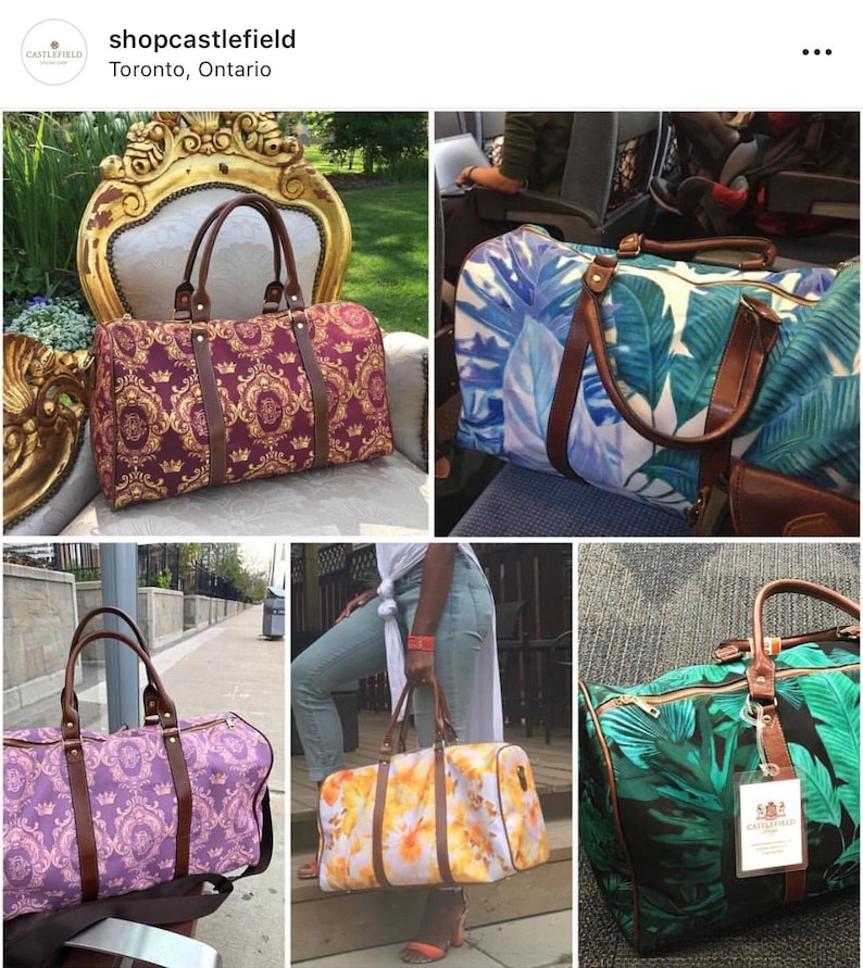 May include: Four different travel bags with various patterns. The bags are made of canvas and have brown leather accents. The patterns include a gold and burgundy damask, a tropical leaf design, a floral pattern, and a green and black tropical leaf design.