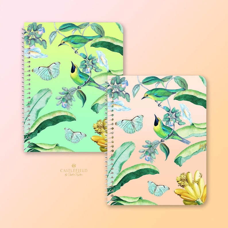 Castlefield Jungle Dreams Tropical Floral Flowers Birds Bananas Softcover Spiral Notebook 5.5x7.25 image 1