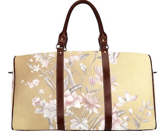 Castlefield Chinoiserie Floral Gold Pink Flowers Travel Bag Duffel Overnight Gym Bag Pretty Feminine Luggage