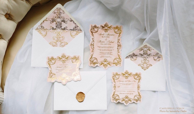 Castlefield Pink Gold Baroque Rococo Flourishes Wedding Event Invitations RSVP Reception Stationery Customized Printable Luxury image 4
