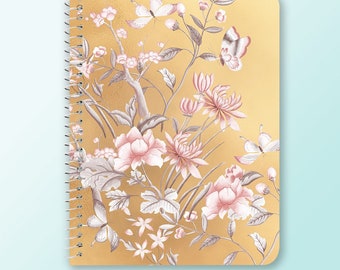 Castlefield Chinoiserie Gold Pink Silver Gray Grey Flowers and Butterflies Floral Spiral Notebook (5.5"x7.25")