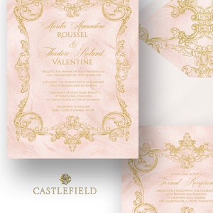 Castlefield Pink Gold Baroque Rococo Flourishes Wedding Event Invitations RSVP Reception Stationery Customized Printable Luxury image 3
