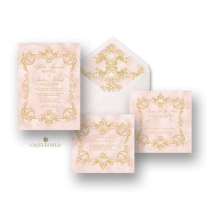 Castlefield Pink Gold Baroque Rococo Flourishes Wedding Event Invitations RSVP Reception Stationery Customized Printable Luxury image 2