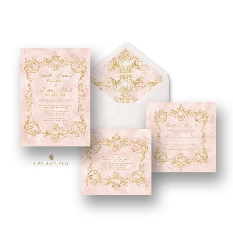 Castlefield Pink Gold Baroque Rococo Flourishes Wedding Event Invitations RSVP Reception Stationery Customized Printable Luxury image 2