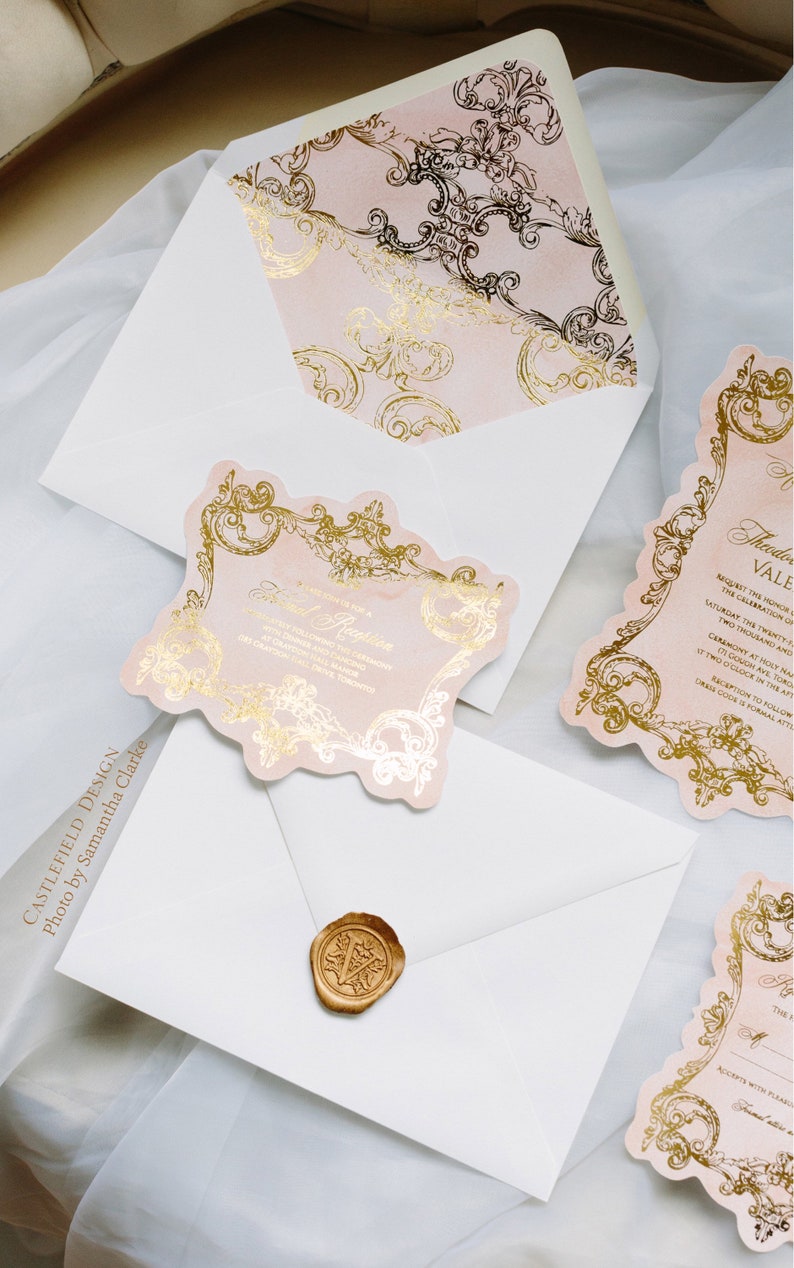 Castlefield Pink Gold Baroque Rococo Flourishes Wedding Event Invitations RSVP Reception Stationery Customized Printable Luxury image 5