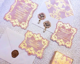 Castlefield Pink Gold Baroque Rococo Flourishes Wedding Event Invitations RSVP Reception Stationery Customized Printable Luxury