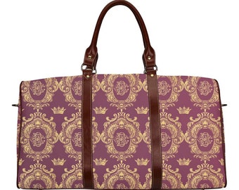 Castlefield Regal Crown Crest Pattern Red and Gold Travel Bag Duffel Overnight Gym Bag Pretty Feminine Luggage