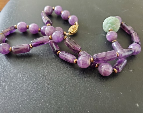 Amethyst Necklace with Large Carved Jade Bead - image 1