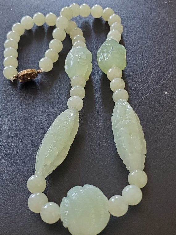 Jade Necklace with 5 Large Carved Jade Beads - image 1