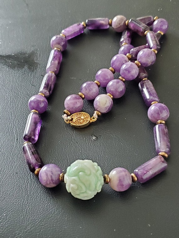 Amethyst Necklace with Large Carved Jade Bead - image 3