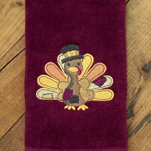 Thanksgiving Towels, Patchwork Turkey Embroidered Hand Towel or Fingertip Towel, Turkey Towels, Towels for Bathroom, image 1