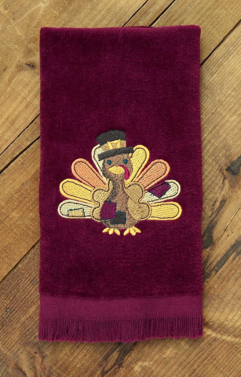 Thanksgiving Towels, Patchwork Turkey Embroidered Hand Towel or Fingertip Towel, Turkey Towels, Towels for Bathroom, image 1