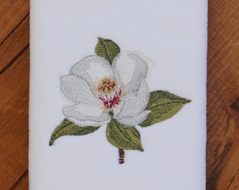 Magnolia Towel, Magnolia Embroidered Fingertip Towel or Hand Towel, Towels for Bathroom, Embroidered Flowers