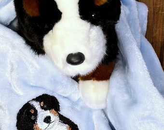 Personalized Blanket with Plush Stuffed Animal Bernese Mountain Dog, Cuddle Set, Gifts for Children